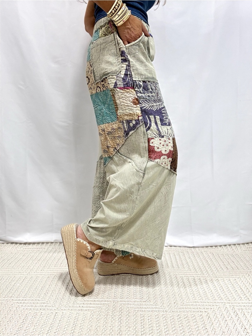 POL Patchwork Wide Leg Pants Boho Western Crochet Lightweight Cotton - Picture 2 of 8